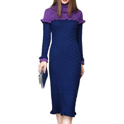 China Anti-Static Elegant Women Blue Winter Patchwork Ruffles Long Sleeve High Collar Cable Knit Woolen Dress for sale