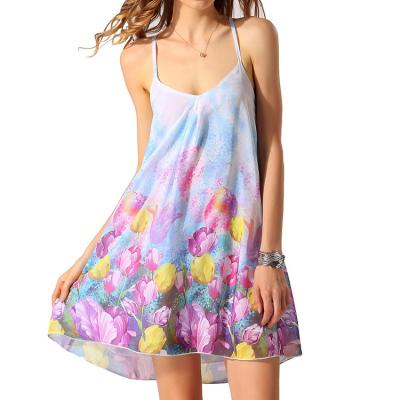 China Anti-static Sexy Cool Back Women Band Cross Spaghetti Strap V-Neckline Summer Mini Beach Chiffon Dresses floral for sale