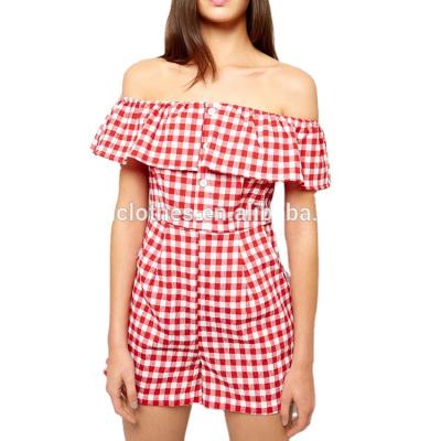 China New Fashion Anti-Static Custom Fold Over Design Red Gingham Bardot Neckline Button Front Ladies Playsuit Romper for sale