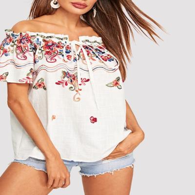 China Anti-pilling women tops factory high quality off the shoulder tendril trim flower embroidered blouses and tops summer, summer t shirts/blouse/tops for sale