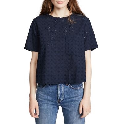 China Latest Design Viable Womens Tee Shirts Navy Cotton Eyelet Boxy Top for sale