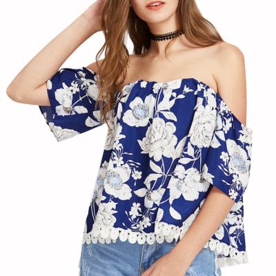 China Anti-Pilling Ladies Chiffon Floral Print Blouse Off The Shoulder Short Sleeve for sale