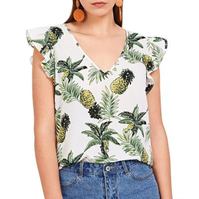 China Green Printed Polyester Breathable Ruffle Design V-Neck Women Sleeveless Blouse for sale