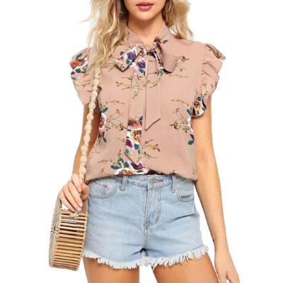 China Anti-pilling Retro Print Lotus Leaf Sleeve Chiffon Pink Lace Up Bow Sweater Blouse for sale