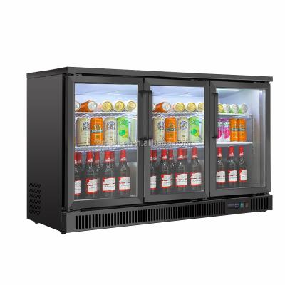 China MUXUE Single-temperature Black Race Counter Beer Fridge Three Doors Glass Beer Cooler MX-BTG1350F for sale