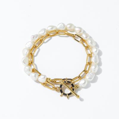 China Cool Exquisite Natural Baroque Freshwater Pearl Bracelet Half Pearl Half Chain Gold Plated Bracelets For Women for sale