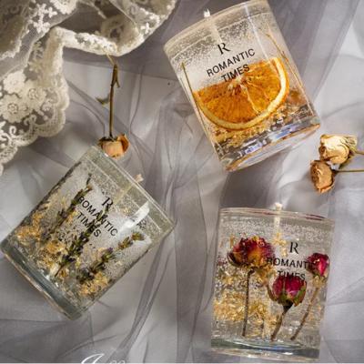 China Hot Selling Private Label Birthdays Wedding Anniversary Luxury Gel Wax Scented Candle Glass Jar Dried Flower Jelly Scented Candle for sale