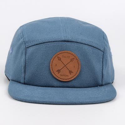 China JOINT Wholesale Design Your Own Leather Label 5 Panel Camp Hat for sale