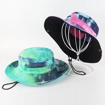 China Low MOQ custom dobby your own logo cotton fashion tie dye bucket hat with string for sale