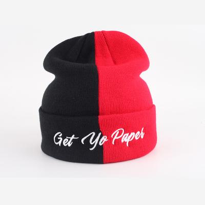 China Factory Fashion Two Tone Color COMMON Beanie Winter Hat With Cuff Acrylic Custom Embroidery Knitted Hats for sale