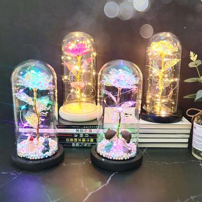 China Eco-friendly 2021 LED Enchanted Galaxy Rose Eternal 24K Gold Foil Flower with Fairy String Lights in Dome for Christmas Valentine's Day Gift for sale