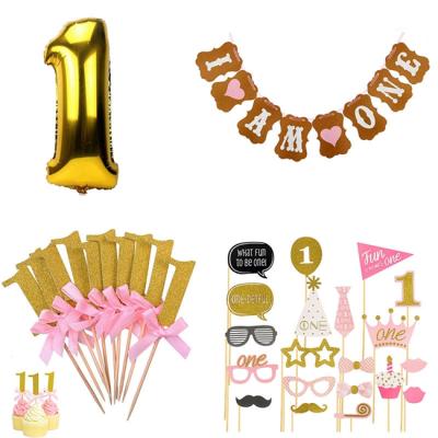 China Gift Toy First Birthday Party, Baby's 1st Decorations, Gold Number One Balloon, Pink Photo Prop, Cupcake Topper SET101 for sale