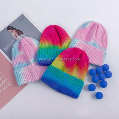 China Warm COMMON in Rainbow Running Beanie Women Custom Beanie Hat Knitted Running Tie Dye Beanie Hats For Men for sale