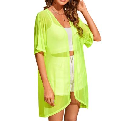 China Breathable 2022 Quality Womens Lime Green Half Sleeve Lightweight See Through Long Cardigan Swimwear Ladies for sale