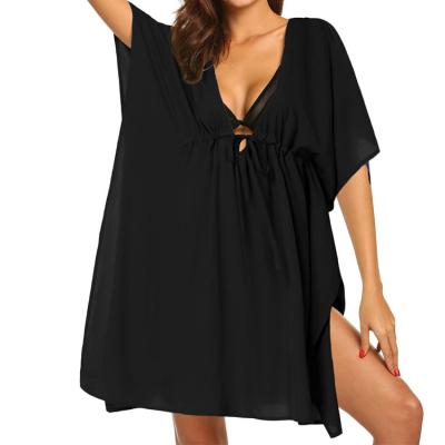 China Breathable Summer Black Swimsuit Cover Up For Women V Neck Oversized Beach Bikini Cover Up Swimwear Beach Wear for sale