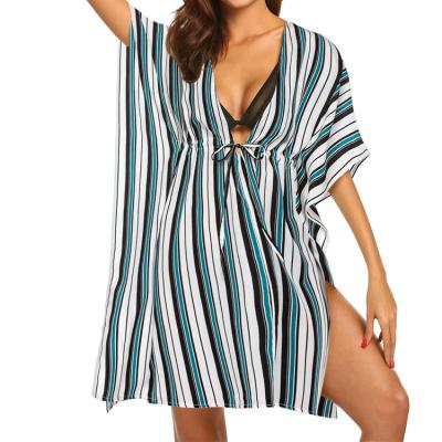 China Custom Breathable Plus Size 2022 Stripe Swimsuit V-Neck Beach Bikini Cover Up Swimwear Beachwear For Women for sale