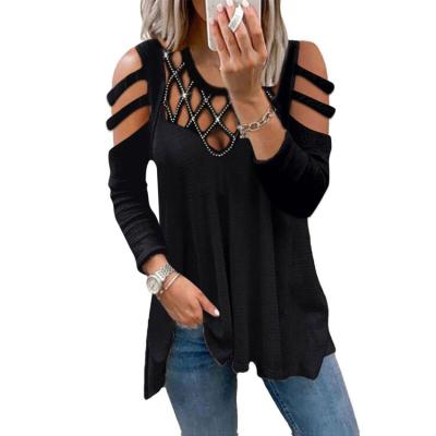 China New 2022 Breathable Winter Fashion V-neck Solid Drops Off The Shoulder Cavity Warm Drill Casual Top Women's T-shirt for sale