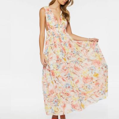 China Summer Breathable Designer Sleeveless Backless Fashionable Sexy Floral Print Ruffled Chiffon Long Maxi Dress for sale