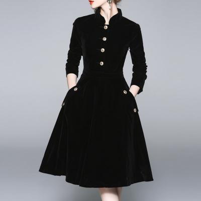 China New Breathable Black Elegant Stand Collar Velvet Dress Ladies 2022 Autumn And Winter Elegant Midi Dress Women for sale