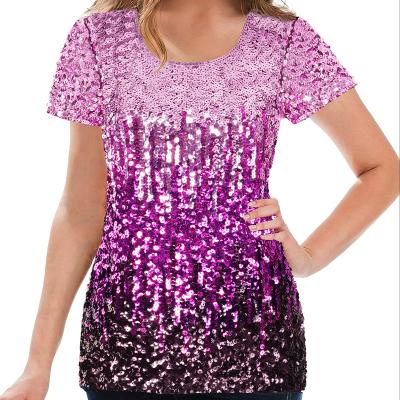 China 2022 OEM Summer Hot Sale Regular Slim Sequin Tops For Women Party Club Shirt Short Sleeve Sparkle Blouses for sale