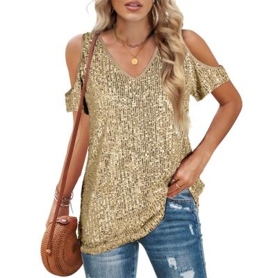 China Custom Women's Breathable Sequin Chill At The Tops V Neck Short Sleeve Summer Sexy T Shirts For Female for sale