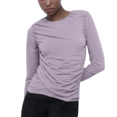 China 2022 High Quality Breathable Drop Sleeve Polyester Casual Long Sleeve T-shirts For New Women Ladies Pleated 2022 Main for sale