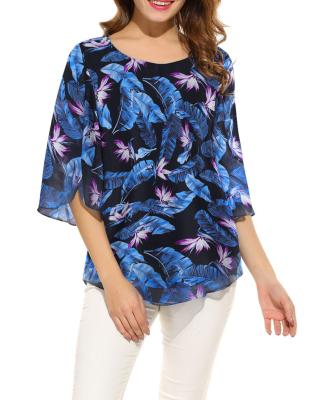 China New Design Ladies Clothes Breathable Custom Made Fashionable Half Sleeve Flare Chiffon Blouse Women Floral Tops for sale