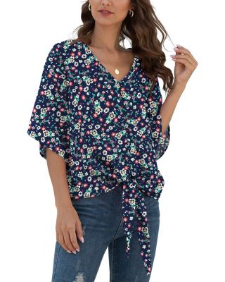 China Custom Made Breathable Ladies Tops With Belt 2022 Summer OEM Loose Floral Women V Neck Tops Casual Fashionable Blouse for sale