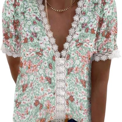 China Women's Elegant V-Neck Sale Ladies Blouses Short Sleeve Lace Breathable Hot Fashion Floral Chiffon Shirt for sale