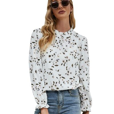 China Breathable Custom Long Sleeve Ruffle Floral Print Fall Office Ladies Loose Elegant Blouses Tops For Women for sale