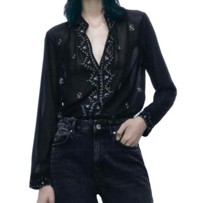 China 2022 Breathable Sexy Long Sleeve V Neck Women Shirts Blouses And Tops Black Beaded Translucent Shirt For Ladies for sale