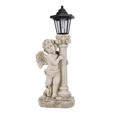 China Solar Angel Angel Europe Outdoor Garden Statue With Pillar Polyresin Marble Decor for sale