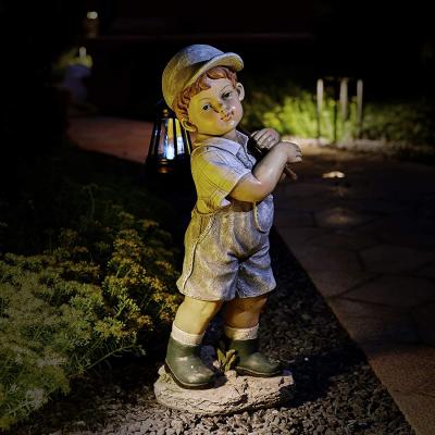 China Europe Garden Statue Boys With Solar Lantern Resin Crafts And Gifts Polyresin Sculpture Resin for sale