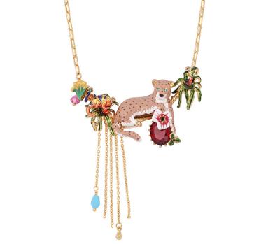 China Best selling CLASSIC high quality necklace real gold plated enamel leopard shape tassel flower animal necklace for sale