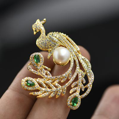 China Vintage Bird Phoenix Atmosphere Luxury Animal COPPER Rhinestone Brooch Cubic Zircon Imitated Pearls Phoenix Zircon Brooch for sale