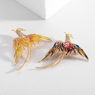 China Simple Crystal Luxury High Quality Personality Style Gold Plated Diamond Multi Color Phoenix Bird Brooch Pin for sale