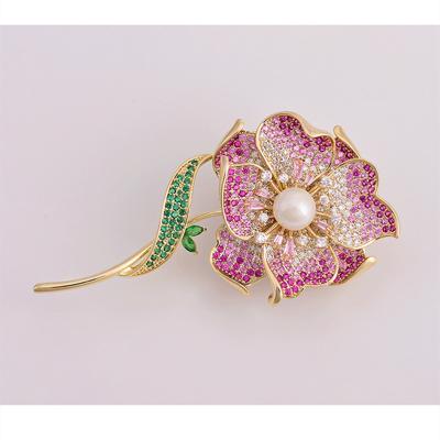 China 2022 High Grade Color Cubic Zirconia Accessories Costume Dress Copper Pin Luxury Pearl Zirconium Rose Flower Brooch Jewelry for sale