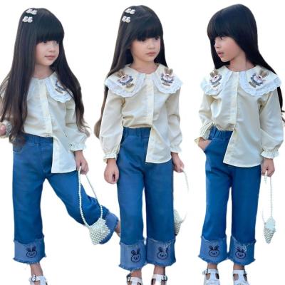 China Anti-wrinkle Ms-50 Children's Summer Clothes Fashion Long Sleeve Shirt + Jeans Kids Clothing Baby Girls 2 Piece Outfit  Sets for sale