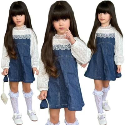 China Anti-wrinkle Ms-18 2024 Arrival Baby Girl Dress Baby Girl Summer Long Sleeve Denim Child Baby Girl Lace Dress for sale