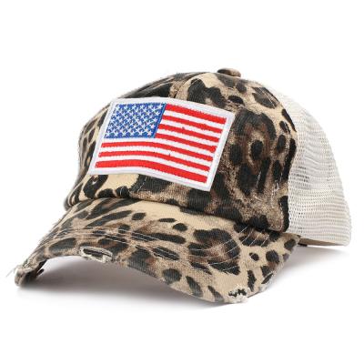 China JOINT Embroidery Washed Hats USA Independence Day Net Hat Women Camouflage Ponytail Hats for sale