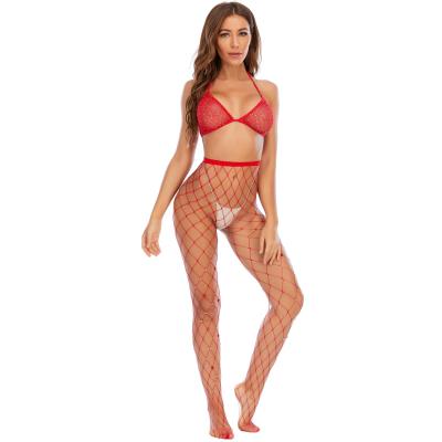 China Netting Bikini Set Rhinestone Mesh Bra Mesh Stain Drill Pantyhose Bodystocking Set for sale