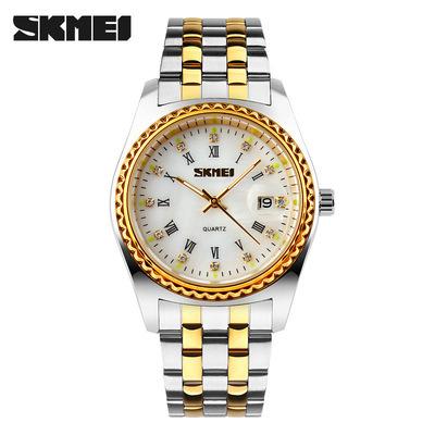 China Skmei 9098 Diamond Shell Dial Couple Watches Men Automatic Date Women Wrist Watch Ladies Quartz Stainless Steel Luxury Lovers Gifts for sale