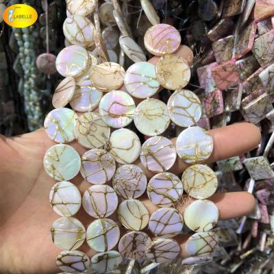 China 100% natural color as pictured 20MM Shell Beads White Gold Line Flat Round Pearlescent Coin Beads for sale