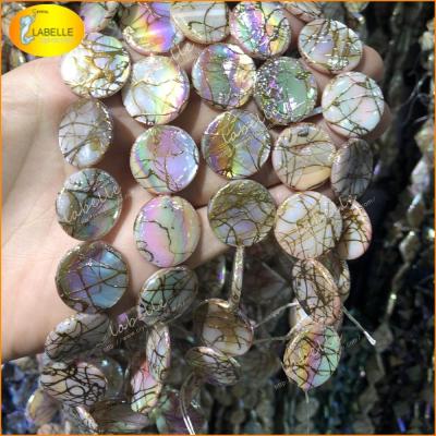 China 100% Natural Color As Per Different Photo Shapes Available Round Luster Slice Flat Pearl Shell Coin Beads With Lines Gold Wire Drawing for sale