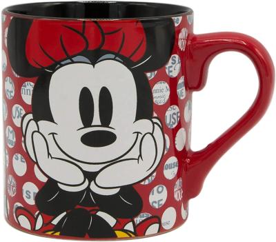 China BSCI Audit 12 Ounce Sustainable Decorative Ceramic Mugs Mickey Mouse Red Color Glazed for sale