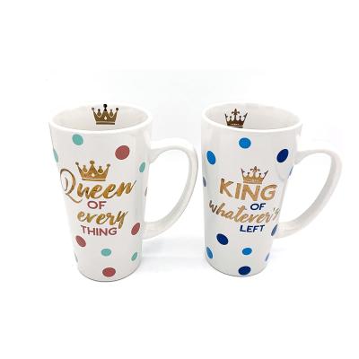 China Sustainable White Color 16oz Coffee Tall Personalized Ceramic Coffee Mug With Left King Of Whatever And Queen Of Everything Design for sale