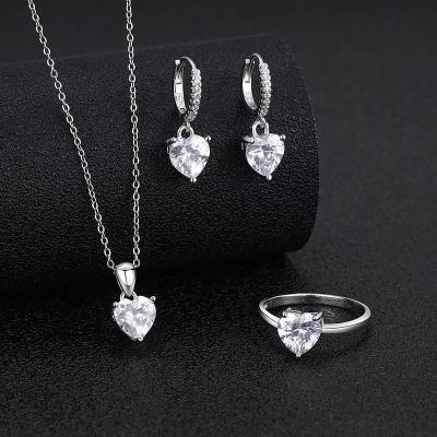 China Other S925 Sterling Silver White Diamond Heart Set Love shaped Fashion Pendant Necklace Ring Earrings Earrings Three piece Set for sale