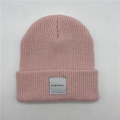 China 2021 New Arrival Winter COMMON Hat Style Winter Hat Knitted Beanie Pink Woven Label Plain Color With Logo Custom Beanie for sale