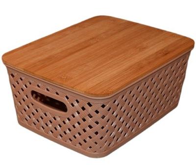 China Sustainable Design Rattan Weave Basket Storage Box Bins Plastic Bins Organizer With Wooden Li for sale