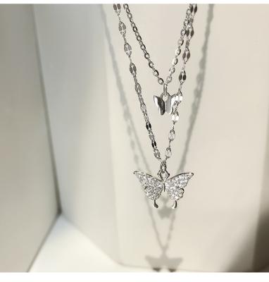 China New arrival wholesales fashion 2 layer alloy butterfly ice necklace double big butterfly necklace for sale